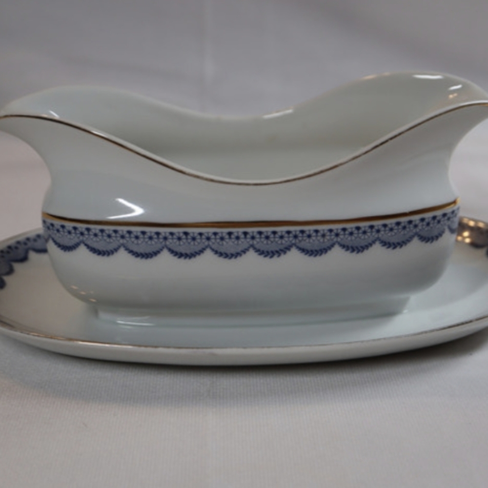 Vintage Epiag Gravy Boat with Attached Under Plate Gold Trim Accents